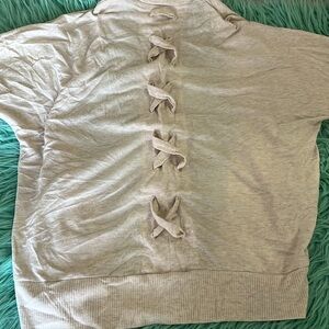 Lace up open front top L batwing oatmeal Heather brushed stretch poly stretch